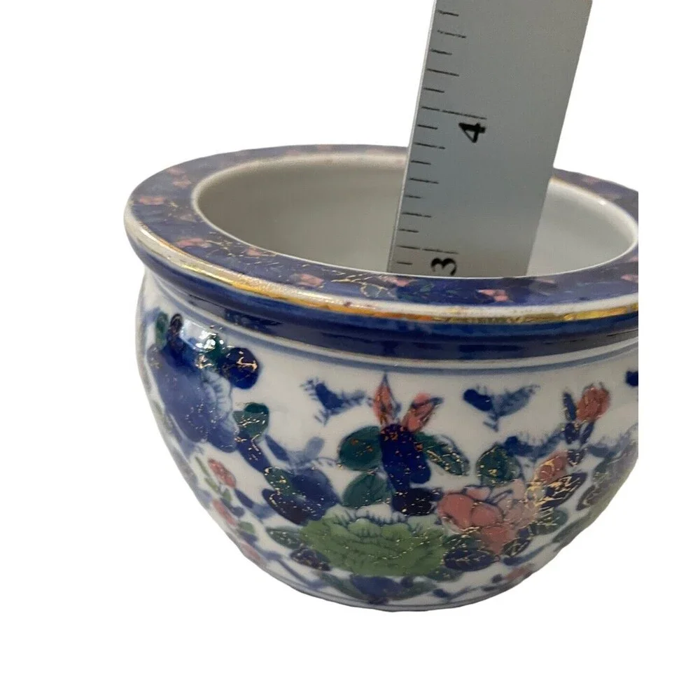 Chinese Style Koi Coi Pond Bowl Miniature Floral Cobalt Blue & Pink 3.5